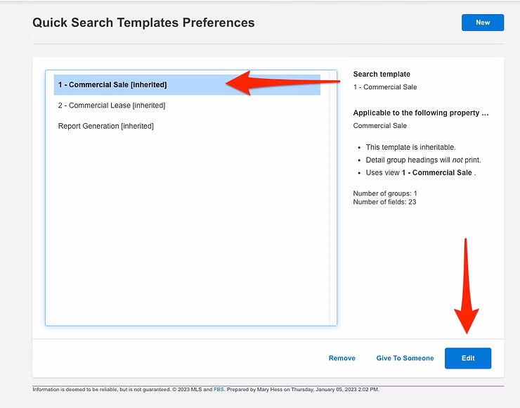 Editing quick search templates